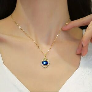 Zircon Heart with Blue Eye Pendant on Stainless Steel 18K Gold Plated Necklace